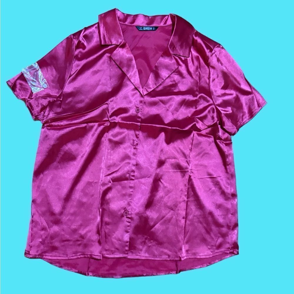 SHEIN Bright Pink Satin Button Up Short Sleeve Shirt